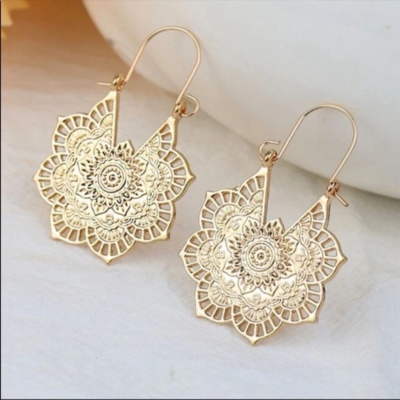 Mandala Filigree Yellow Gold Boho Hoops (72) - Picture 2 of 3